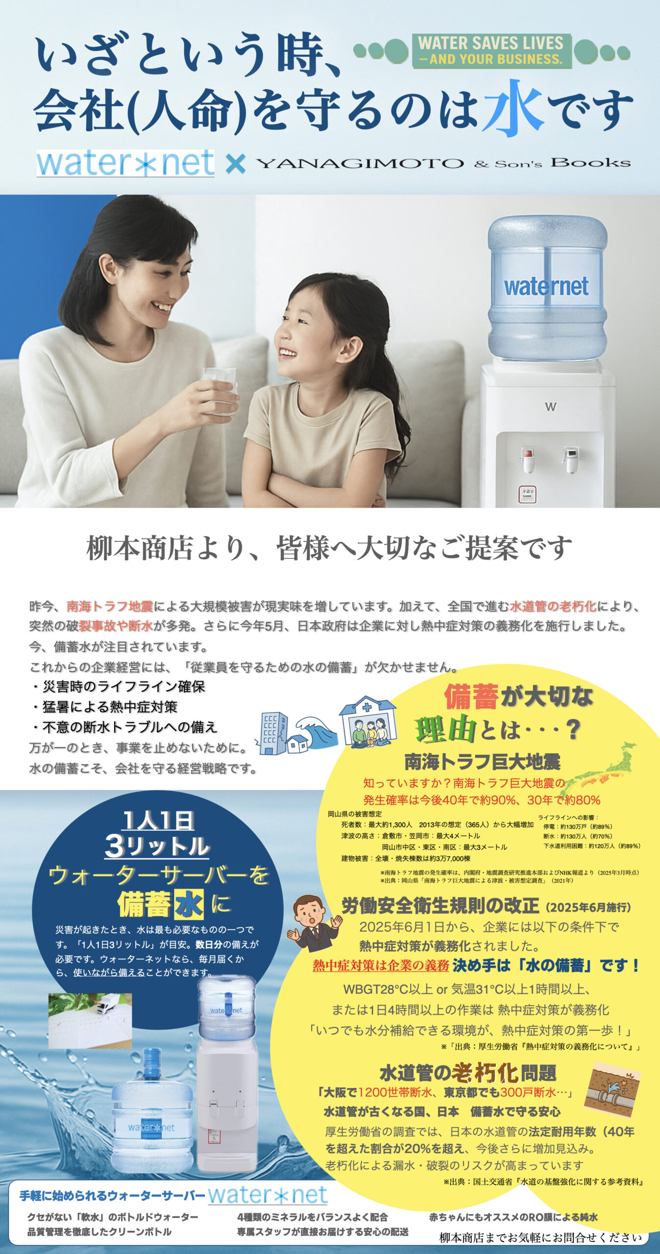 柳本商店のウォーターサーバー取り扱いについて
ウォーターネット・ボトル配達・回収、定期メンテナンスサポートで安心
企業様も安心
有事の際の備蓄水
